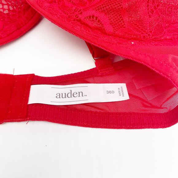 Auden Unlined Full Coverage Comfort Underwire Bra Gold Ring Accent Red Lace 36D - Picture 5 of 6